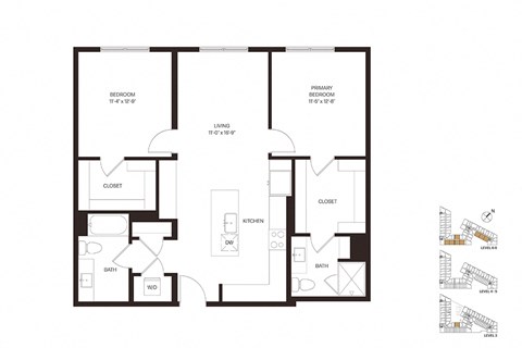 Floor plan for 2 beds, 2 baths, 1271 sqft